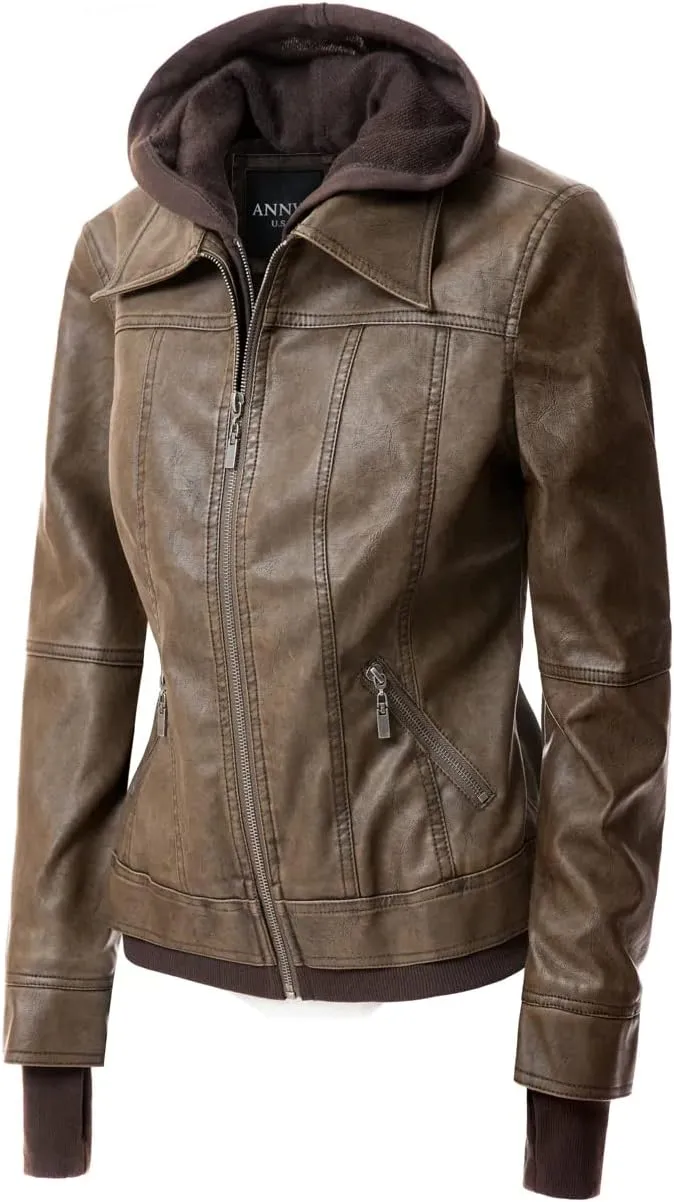 Faux Leather Jacket Women Casual Stand Collar Detachable Hood PU Leather Jacket