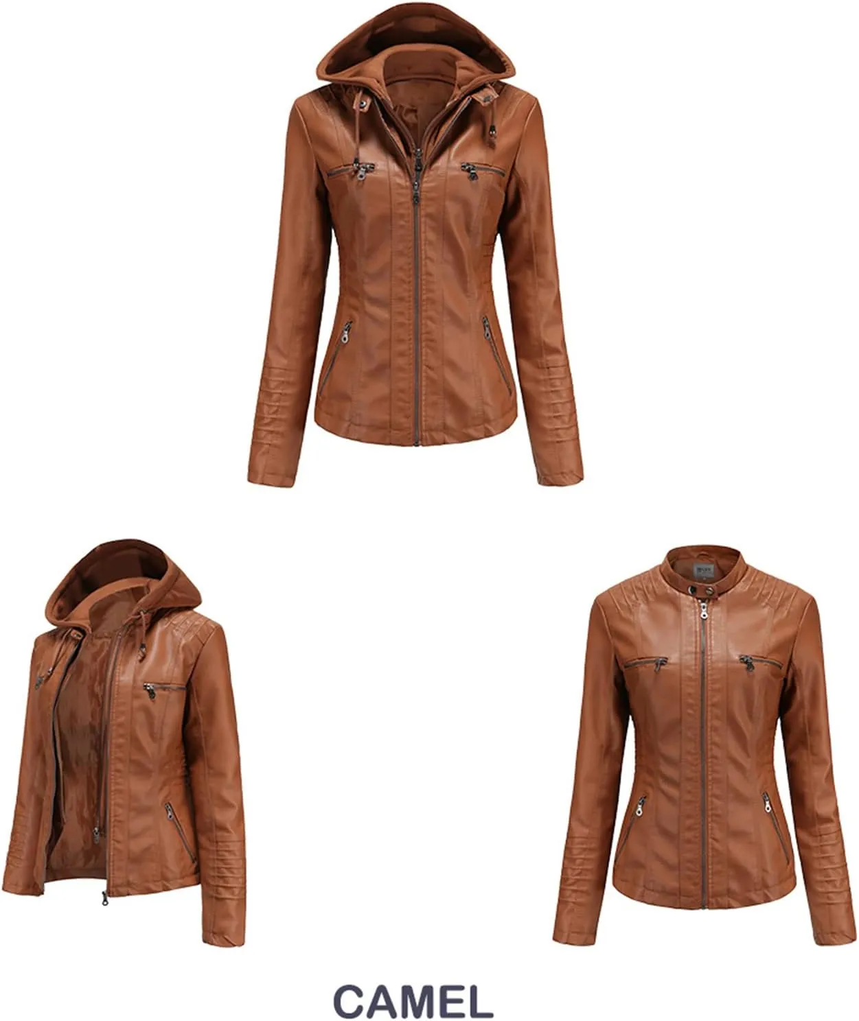 Faux Leather Jacket Women Motorcycle Coat for Biker with Removable Hood XS-4XL