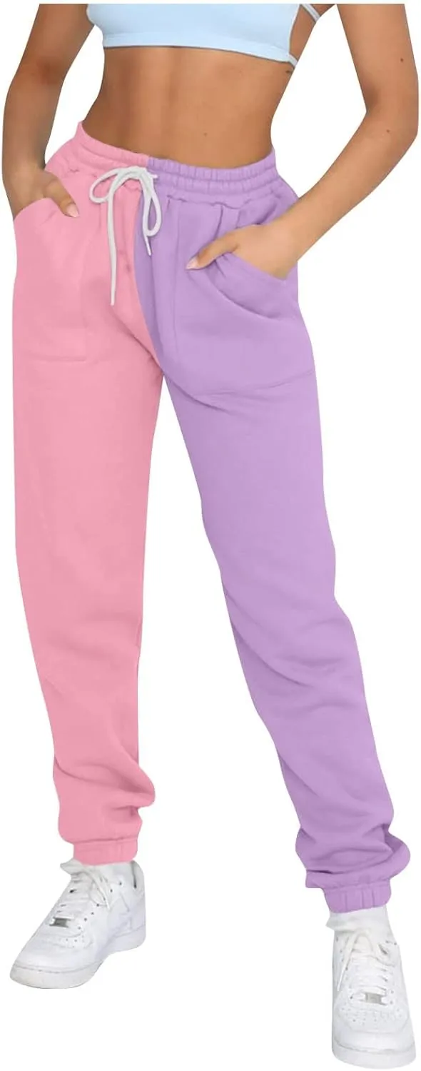 Fleece Straight Leg Sweatpants for Women Elastic High Waisted Joggers with Pockets Lightweight Cinch Bottom Trousers