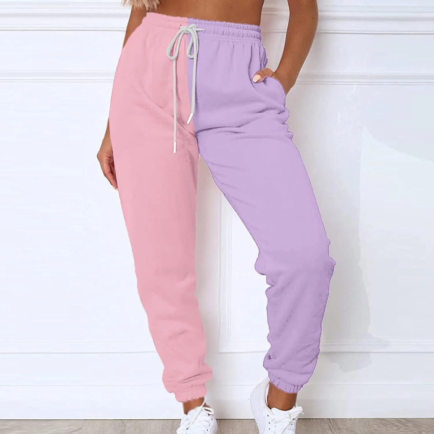 Fleece Straight Leg Sweatpants for Women Elastic High Waisted Joggers with Pockets Lightweight Cinch Bottom Trousers