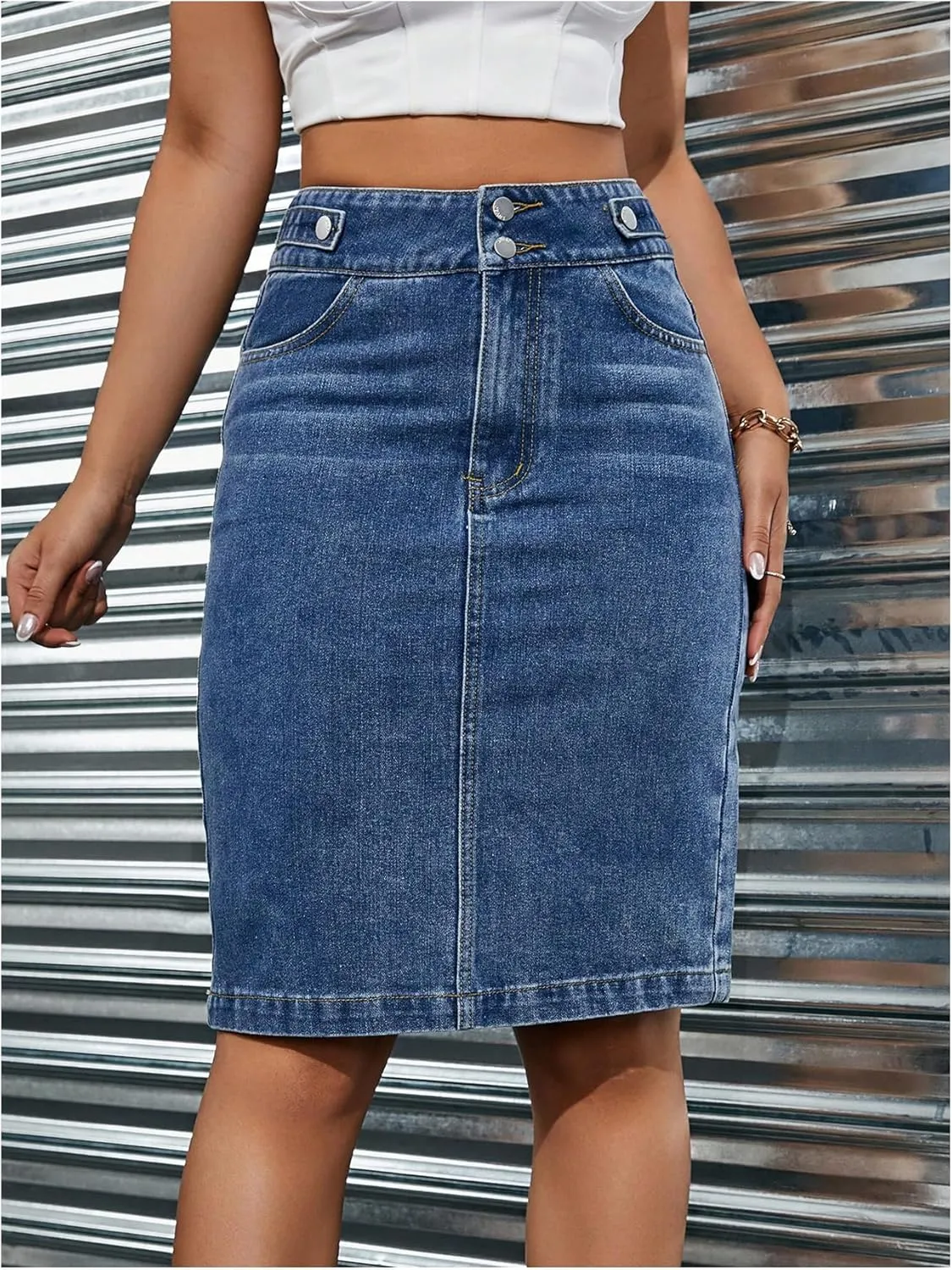 Floerns Women's Casual Bodycon Slim Fit Mid Waist Straight Pencil Denim Jean Skirts