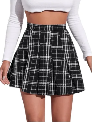 Floerns Women's Gingham Plaid High Waist Pleated Skirts Uniform Skater Mini Skirts