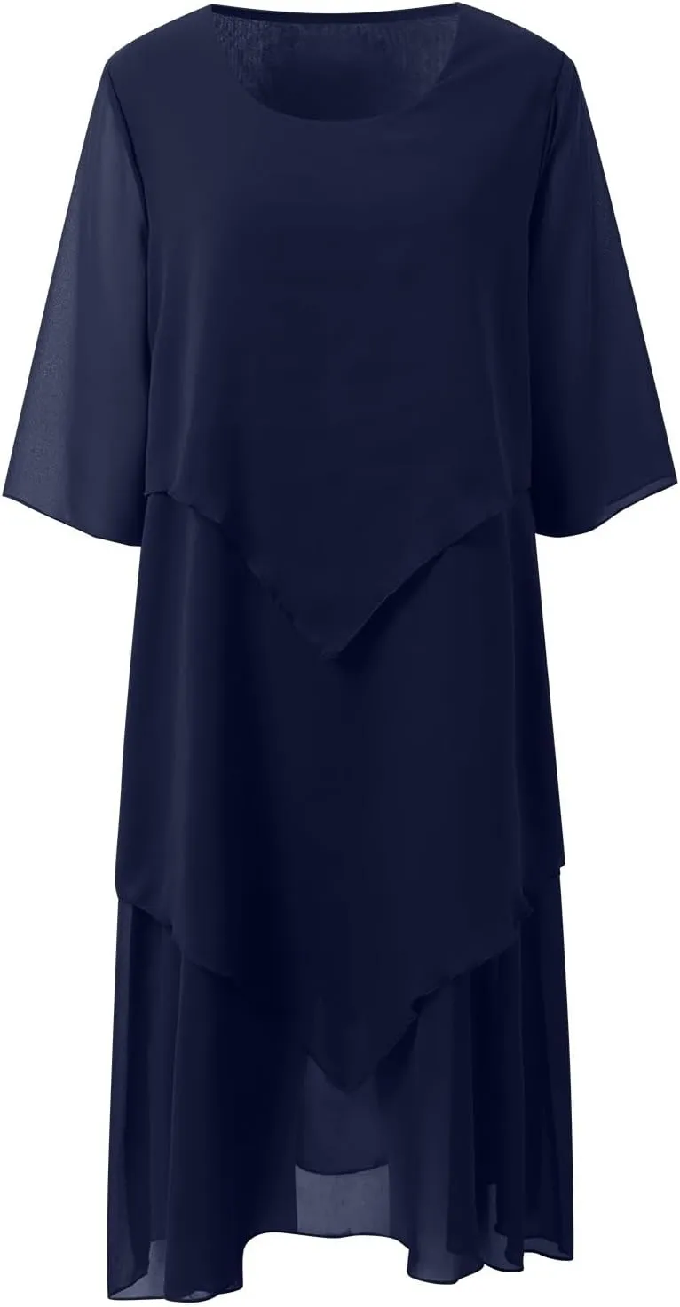Flowy Chiffon Maxi Dresses for Women Ruffle Tiered Casual Crew Neck 3/4 Bell Sleeve Sundress Plus Size A line midi Dress