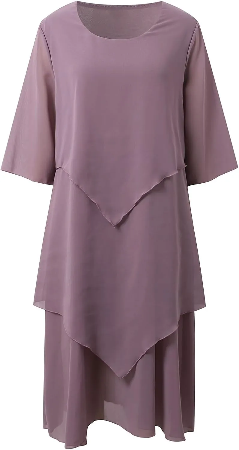 Flowy Chiffon Maxi Dresses for Women Ruffle Tiered Casual Crew Neck 3/4 Bell Sleeve Sundress Plus Size A line midi Dress