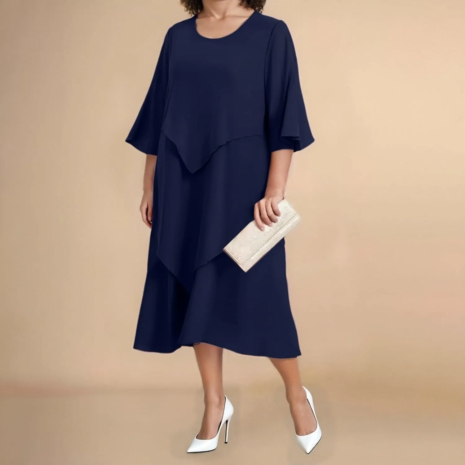 Flowy Chiffon Maxi Dresses for Women Ruffle Tiered Casual Crew Neck 3/4 Bell Sleeve Sundress Plus Size A line midi Dress