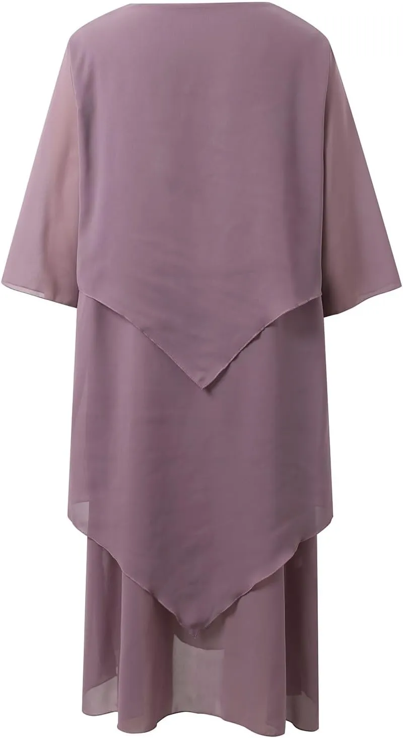 Flowy Chiffon Maxi Dresses for Women Ruffle Tiered Casual Crew Neck 3/4 Bell Sleeve Sundress Plus Size A line midi Dress