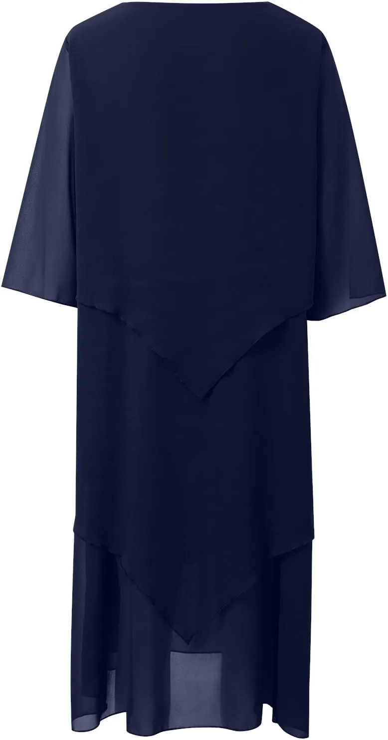 Flowy Chiffon Maxi Dresses for Women Ruffle Tiered Casual Crew Neck 3/4 Bell Sleeve Sundress Plus Size A line midi Dress
