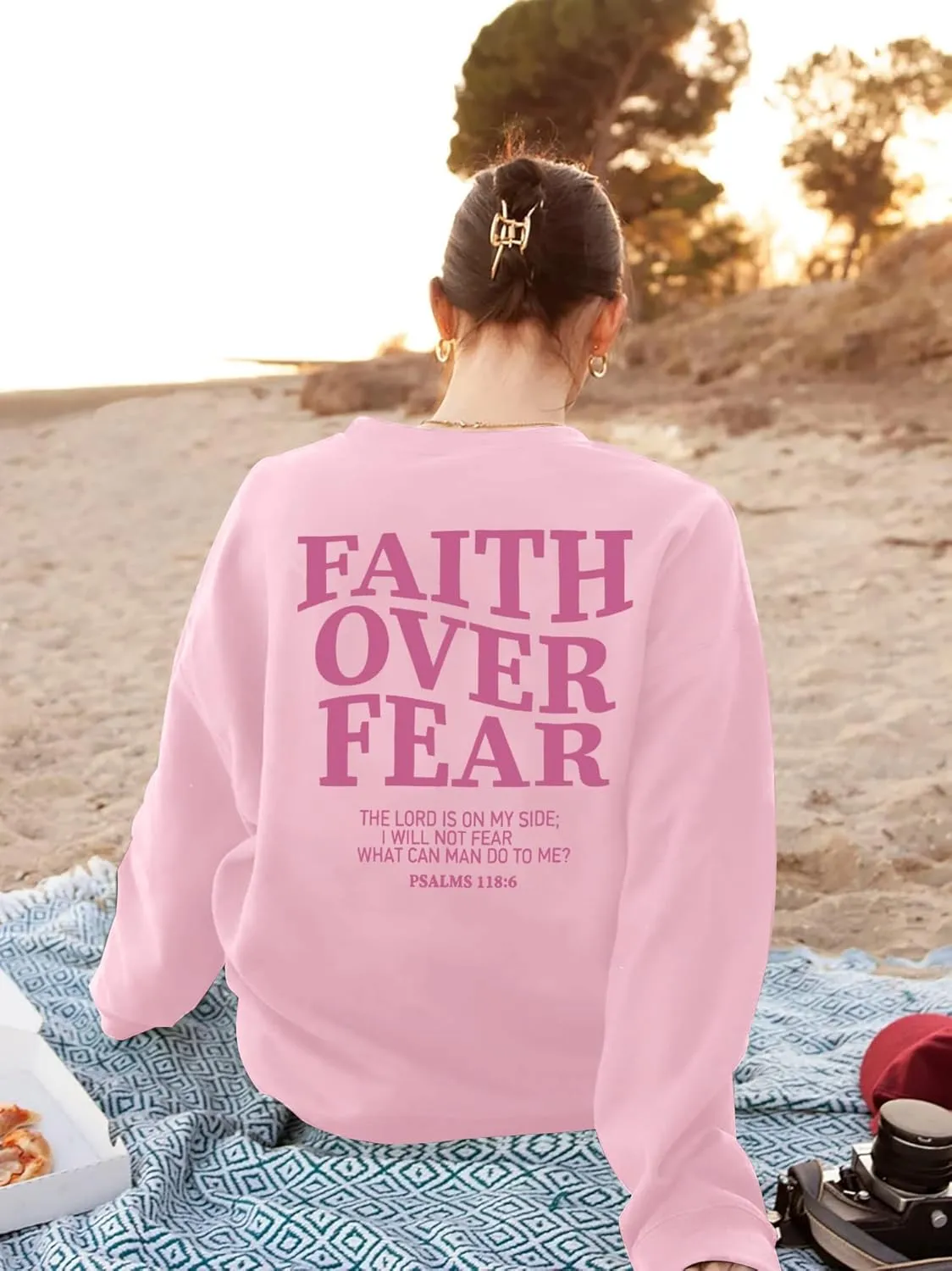 FRYAID Christian Sweatshirt Women Faith Over Fear Christian Religious Sayings Pullover Shirt Letter Print Long Sleeve Tops