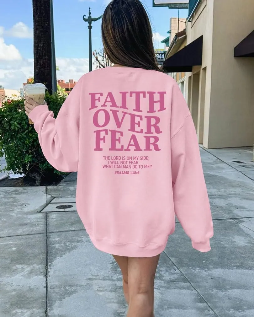 FRYAID Christian Sweatshirt Women Faith Over Fear Christian Religious Sayings Pullover Shirt Letter Print Long Sleeve Tops