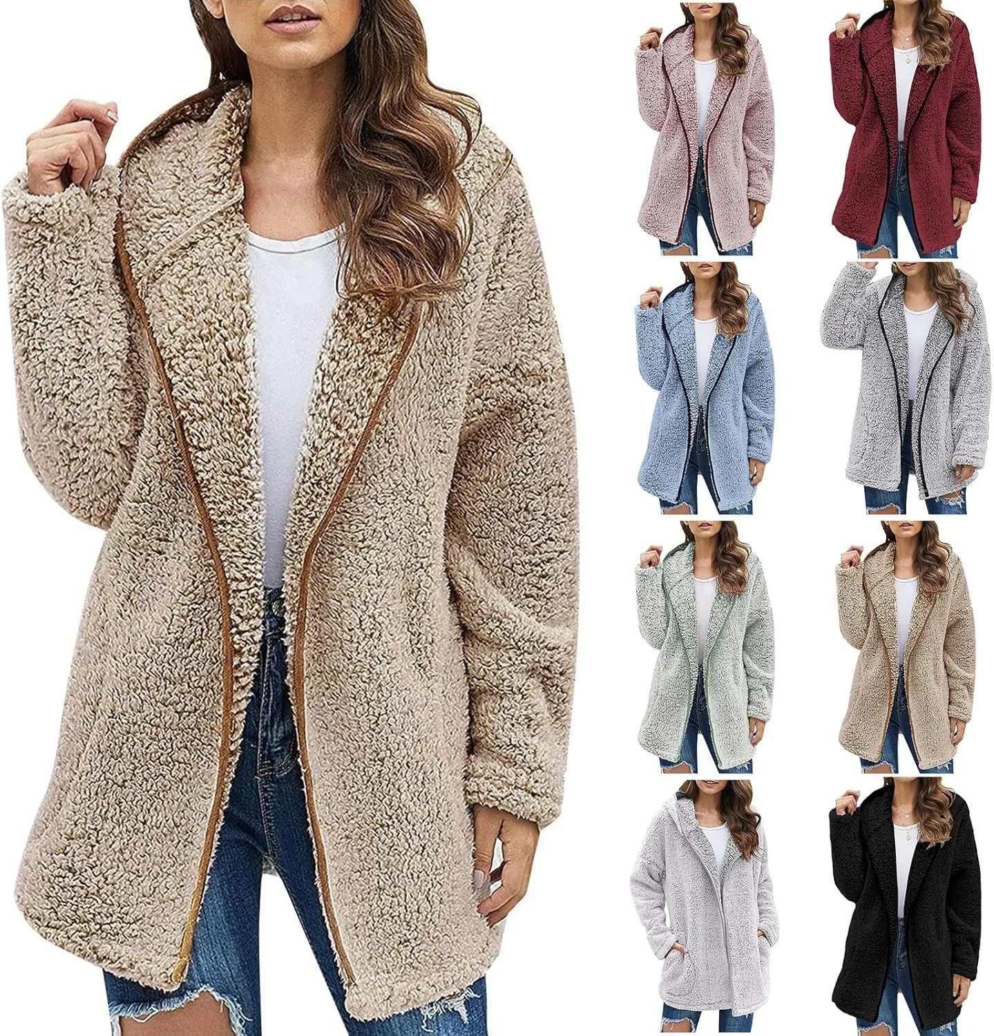 Fuzzy Fleece Jacket Women Full Zip Up Hooded Winter Coats Sherpa Lined Fluffy Hoodie Oversized Faux Fur Outerwear
