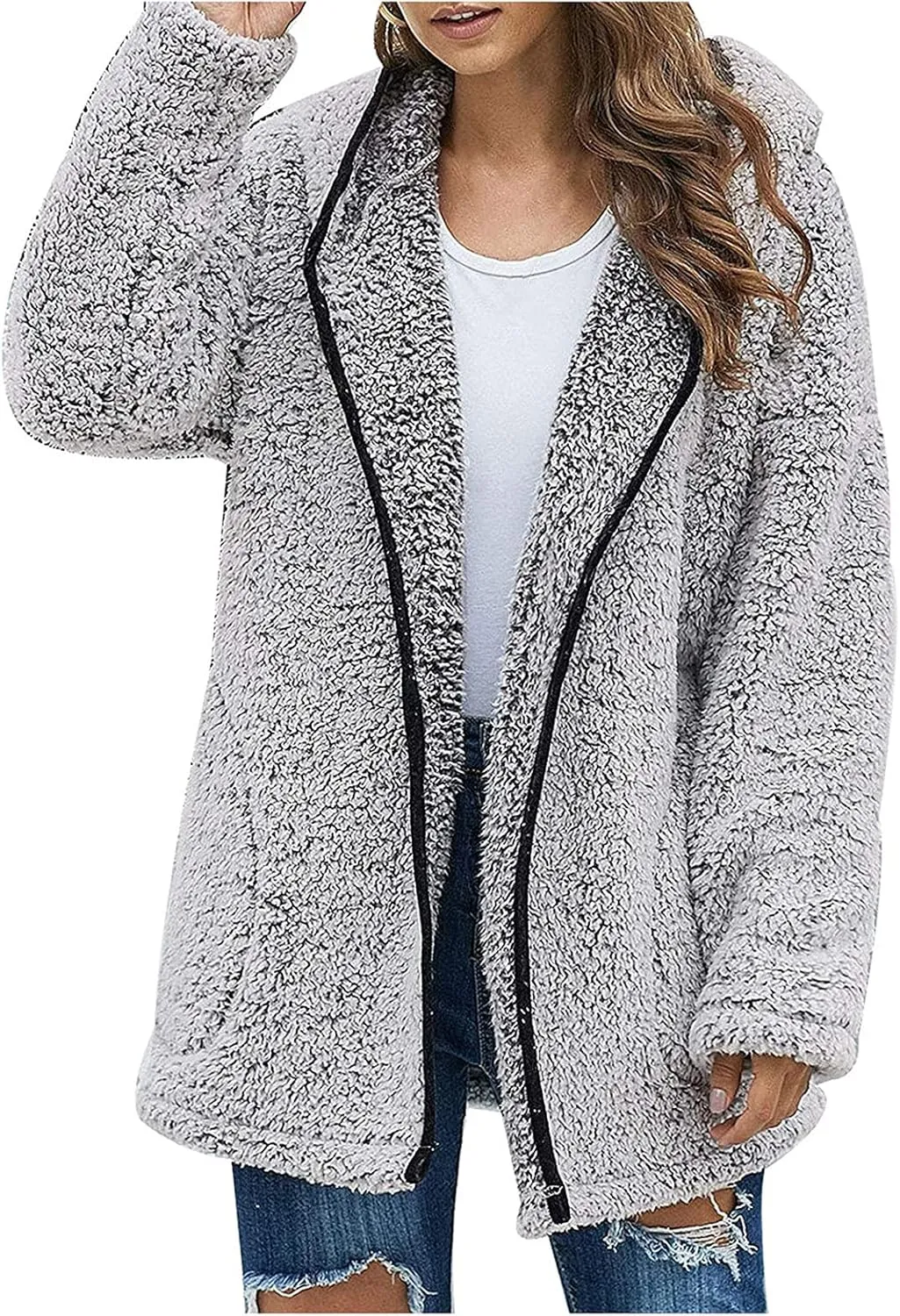 Fuzzy Fleece Jacket Women Full Zip Up Hooded Winter Coats Sherpa Lined Fluffy Hoodie Oversized Faux Fur Outerwear