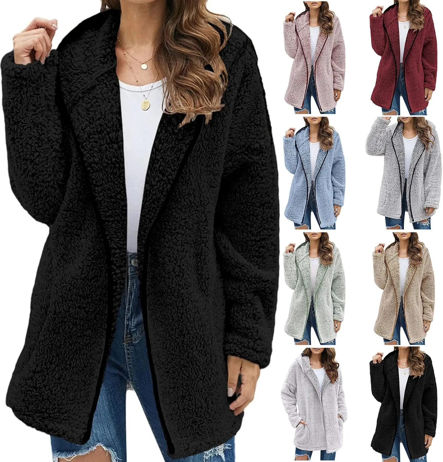 Fuzzy Fleece Jacket Women Full Zip Up Hooded Winter Coats Sherpa Lined Fluffy Hoodie Oversized Faux Fur Outerwear