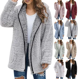 Fuzzy Fleece Jacket Women Full Zip Up Hooded Winter Coats Sherpa Lined Fluffy Hoodie Oversized Faux Fur Outerwear