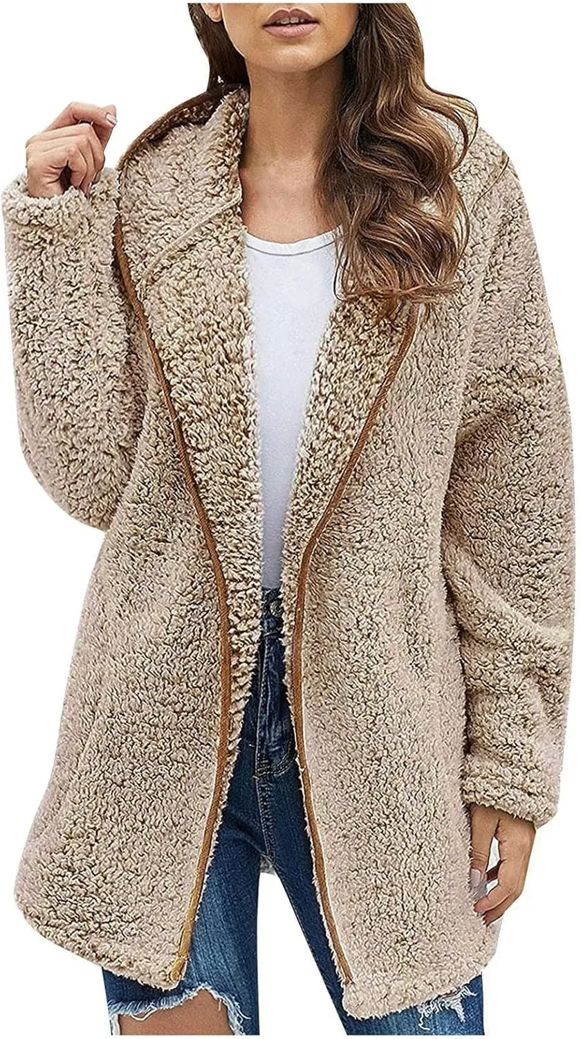 Fuzzy Fleece Jacket Women Full Zip Up Hooded Winter Coats Sherpa Lined Fluffy Hoodie Oversized Faux Fur Outerwear