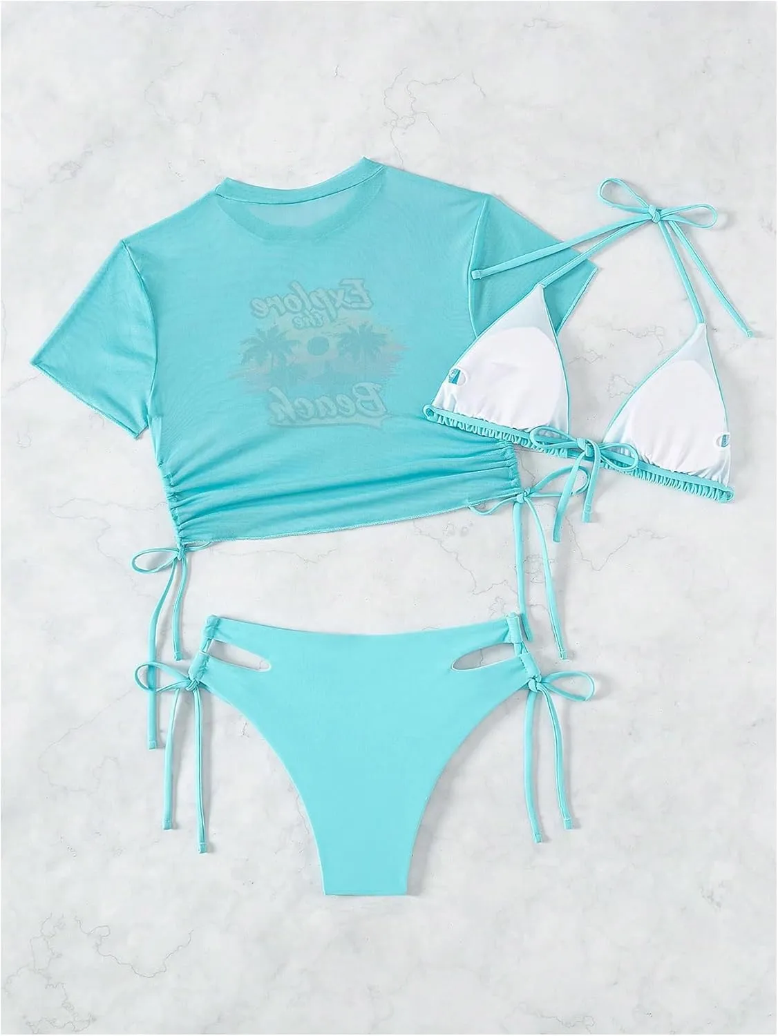 GORGLITTER Women's 3 Piece Halter Triangle Tie Side Bikini Swimsuit with Tropical Graphic Cover Up Set