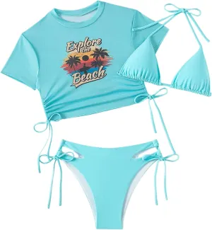 GORGLITTER Women's 3 Piece Halter Triangle Tie Side Bikini Swimsuit with Tropical Graphic Cover Up Set