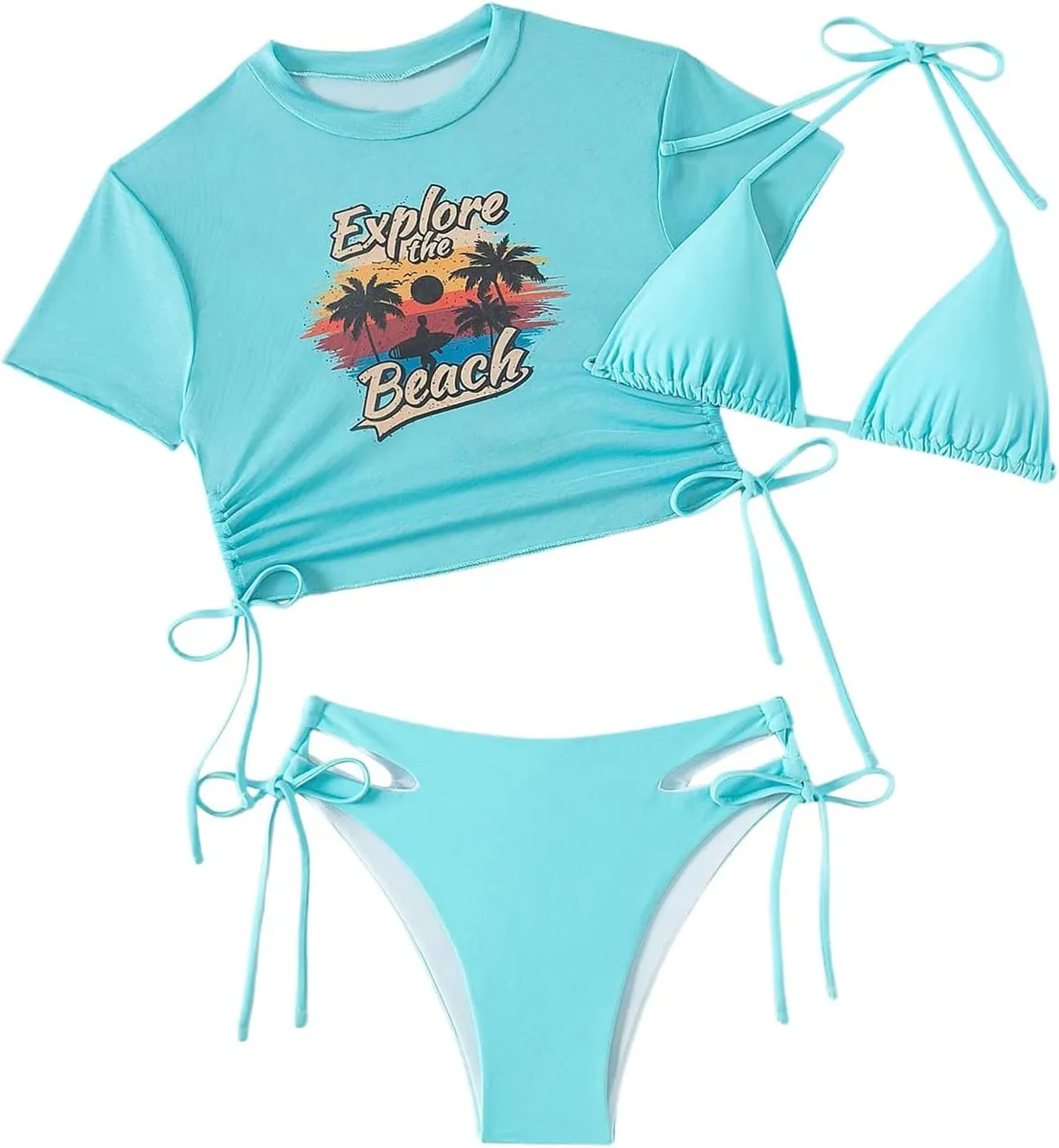 GORGLITTER Women's 3 Piece Halter Triangle Tie Side Bikini Swimsuit with Tropical Graphic Cover Up Set