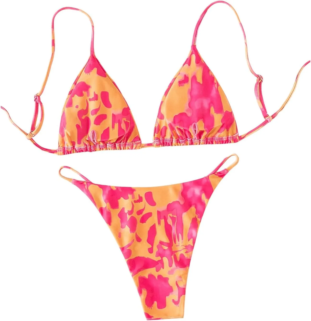 GORGLITTER Women's Triangle G String Bikini Set Color Block High Cut Swimsuit Tie Dye Summer Bathing Suit