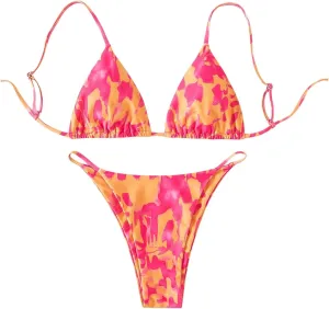 GORGLITTER Women's Triangle G String Bikini Set Color Block High Cut Swimsuit Tie Dye Summer Bathing Suit