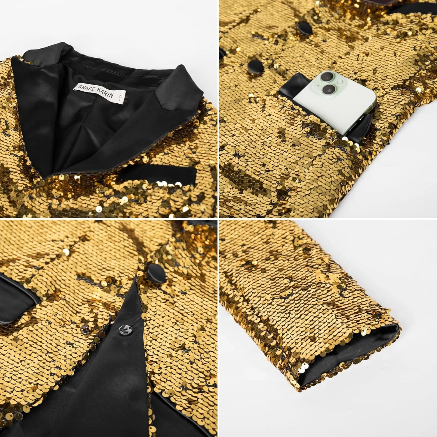 GRACE KARIN Boys Sequins Blazers Slim Fit Glitter Suit Jacket Formal Blazer for Party Prom 5-14 Years