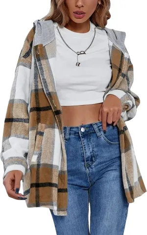 HangNiFang Womens Plaid Flannel Hoodie Shirts Long Sleeve Button Down Jacket Coats