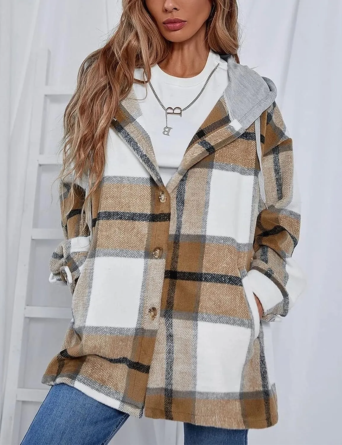 HangNiFang Womens Plaid Flannel Hoodie Shirts Long Sleeve Button Down Jacket Coats
