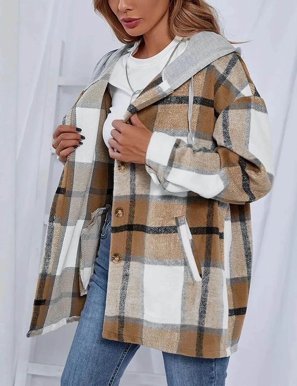 HangNiFang Womens Plaid Flannel Hoodie Shirts Long Sleeve Button Down Jacket Coats