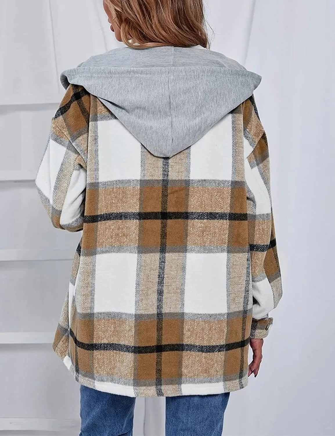 HangNiFang Womens Plaid Flannel Hoodie Shirts Long Sleeve Button Down Jacket Coats