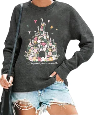Happiest Place On Earth Sweatshirts for Women Graphic Magical Tshirt Family Vacation Pullover Shirt Casual Tee Tops