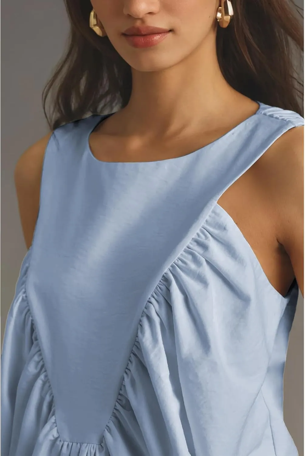 Hixiaohe Shirred Swing Tank Tops for Women Fashion Flowy Sleeveless Shirts Casual Crew Neck Blouse Loose Fit Ruffled Tops