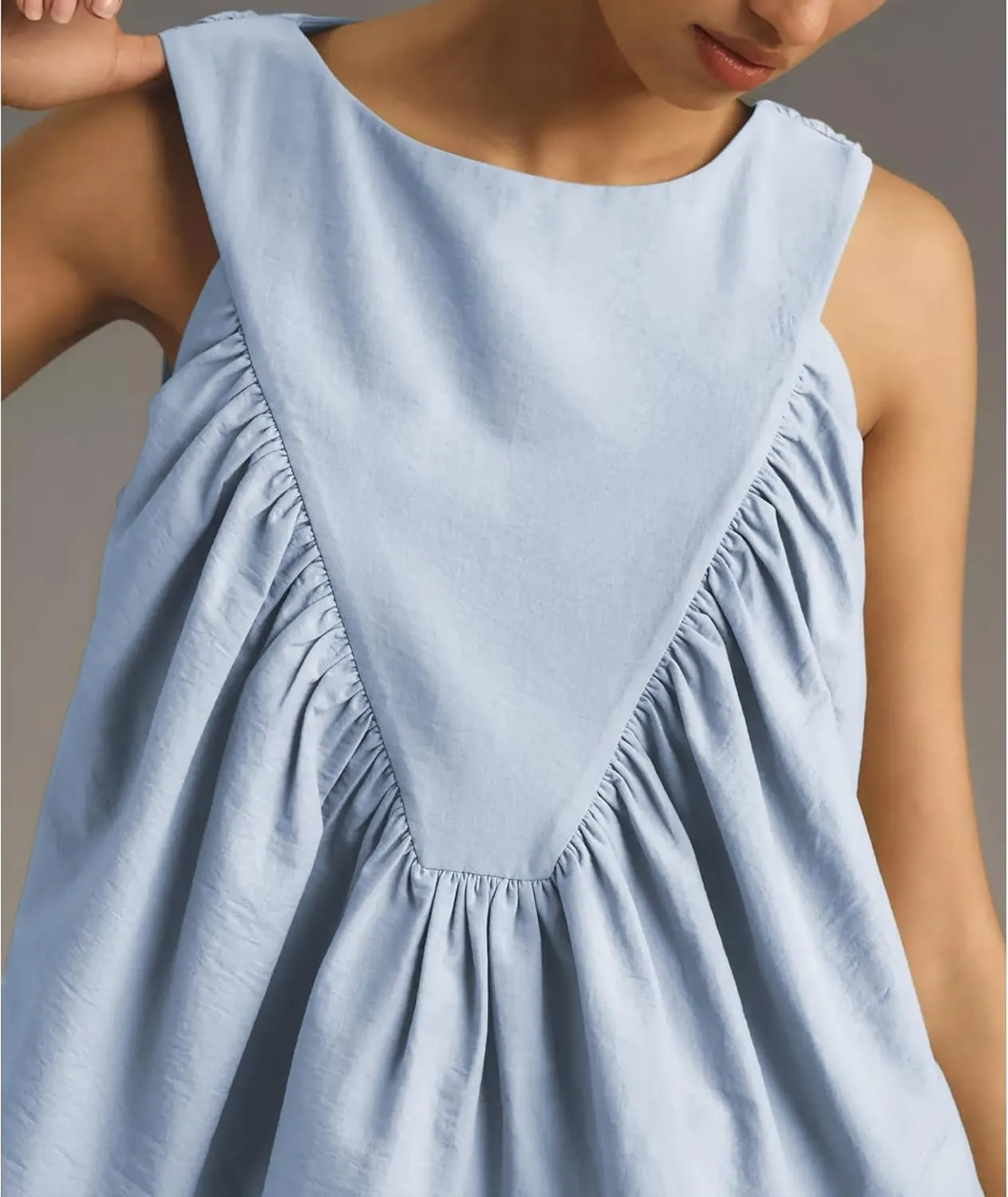 Hixiaohe Shirred Swing Tank Tops for Women Fashion Flowy Sleeveless Shirts Casual Crew Neck Blouse Loose Fit Ruffled Tops