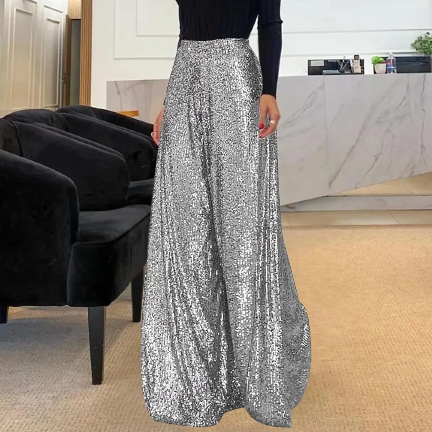 hlysgo Sequin Pants for Women Plus Size High Waist Palazzo Pants Sparkly Glitter Wide Leg Pants Bling Party Clubwear Trouser