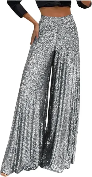 hlysgo Sequin Pants for Women Plus Size High Waist Palazzo Pants Sparkly Glitter Wide Leg Pants Bling Party Clubwear Trouser