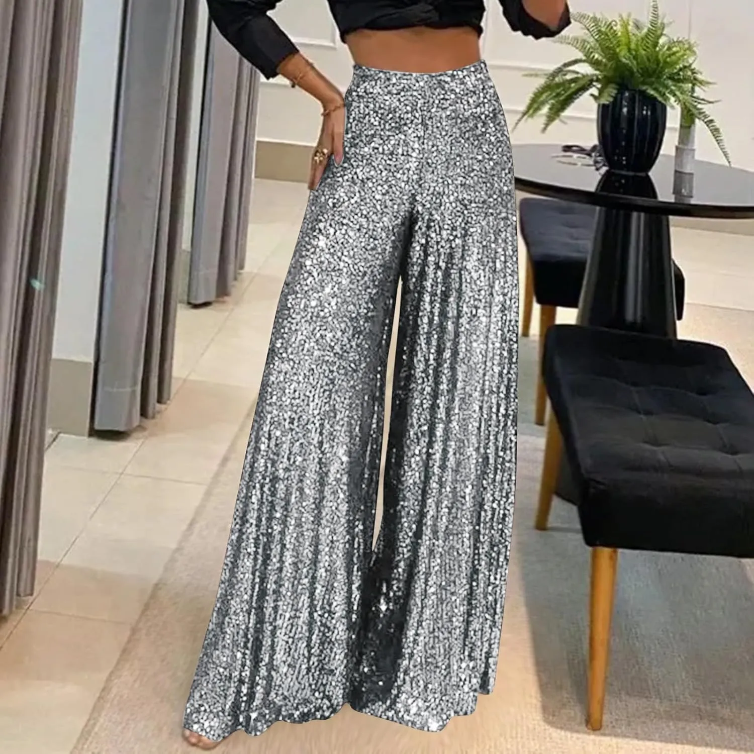 hlysgo Sequin Pants for Women Plus Size High Waist Palazzo Pants Sparkly Glitter Wide Leg Pants Bling Party Clubwear Trouser