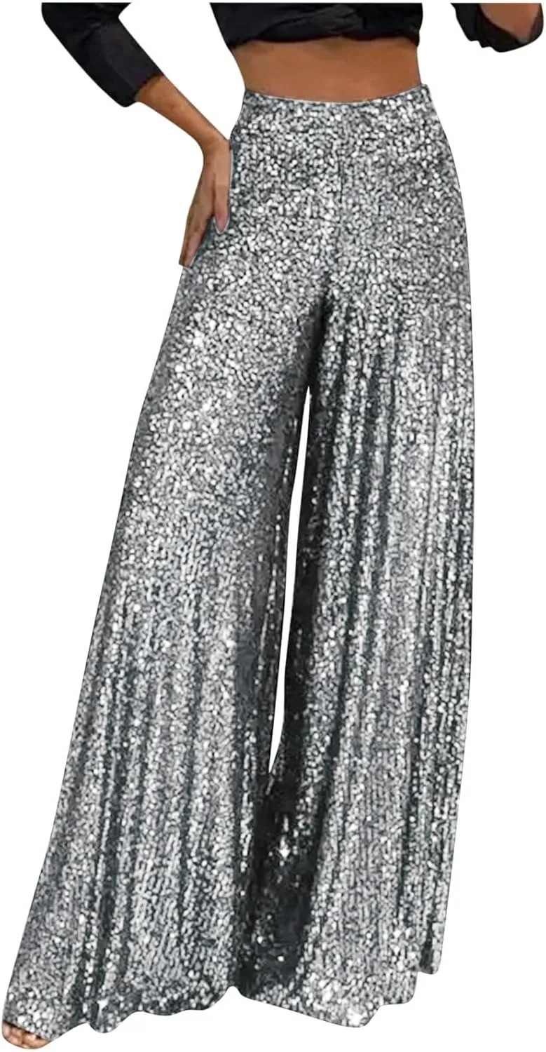 hlysgo Sequin Pants for Women Plus Size High Waist Palazzo Pants Sparkly Glitter Wide Leg Pants Bling Party Clubwear Trouser
