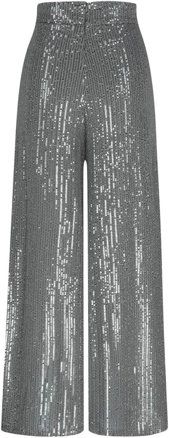hlysgo Sequin Pants for Women Plus Size High Waist Palazzo Pants Sparkly Glitter Wide Leg Pants Bling Party Clubwear Trouser