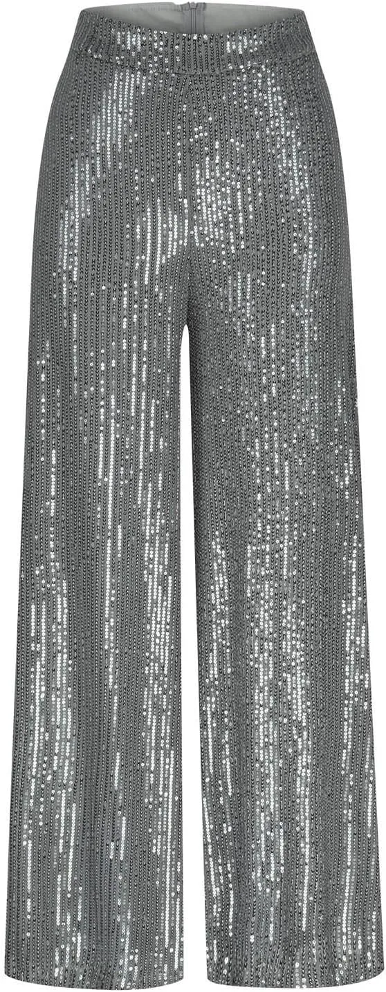 hlysgo Sequin Pants for Women Plus Size High Waist Palazzo Pants Sparkly Glitter Wide Leg Pants Bling Party Clubwear Trouser