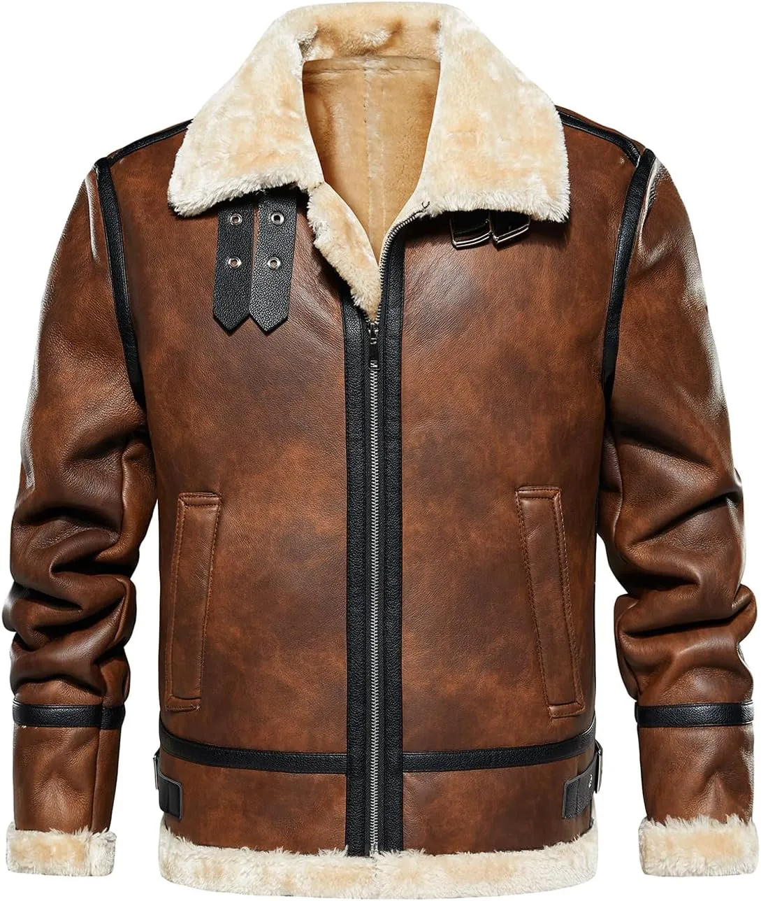 HOOD CREW Mens Faux Leather Jacket Vintage Bomber Jacket with Artificial Fur Lining Warm Winter Leather Coat