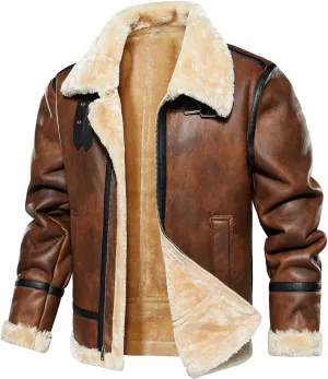 HOOD CREW Mens Faux Leather Jacket Vintage Bomber Jacket with Artificial Fur Lining Warm Winter Leather Coat