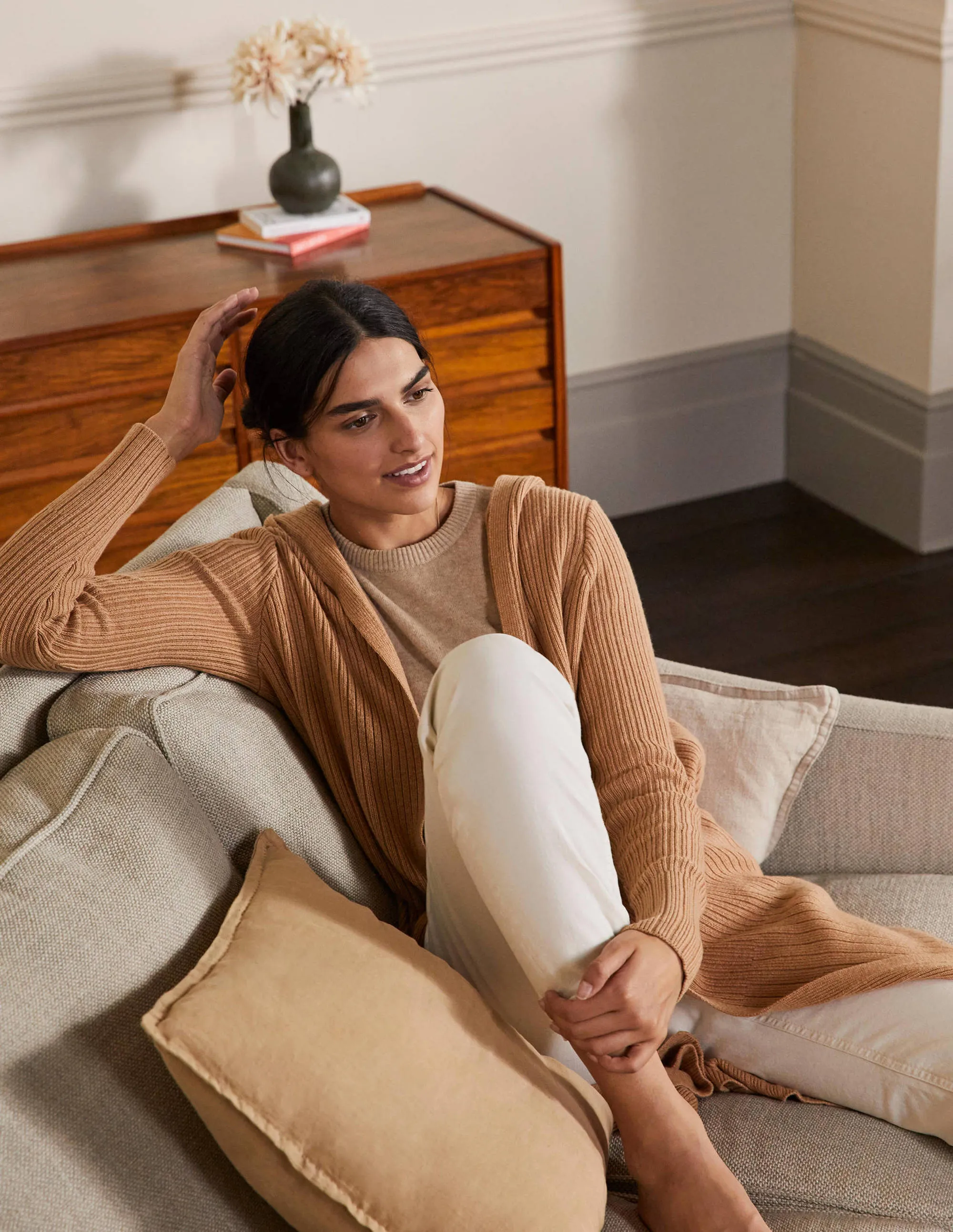 Hooded Relaxed Cardigan-Camel Melange