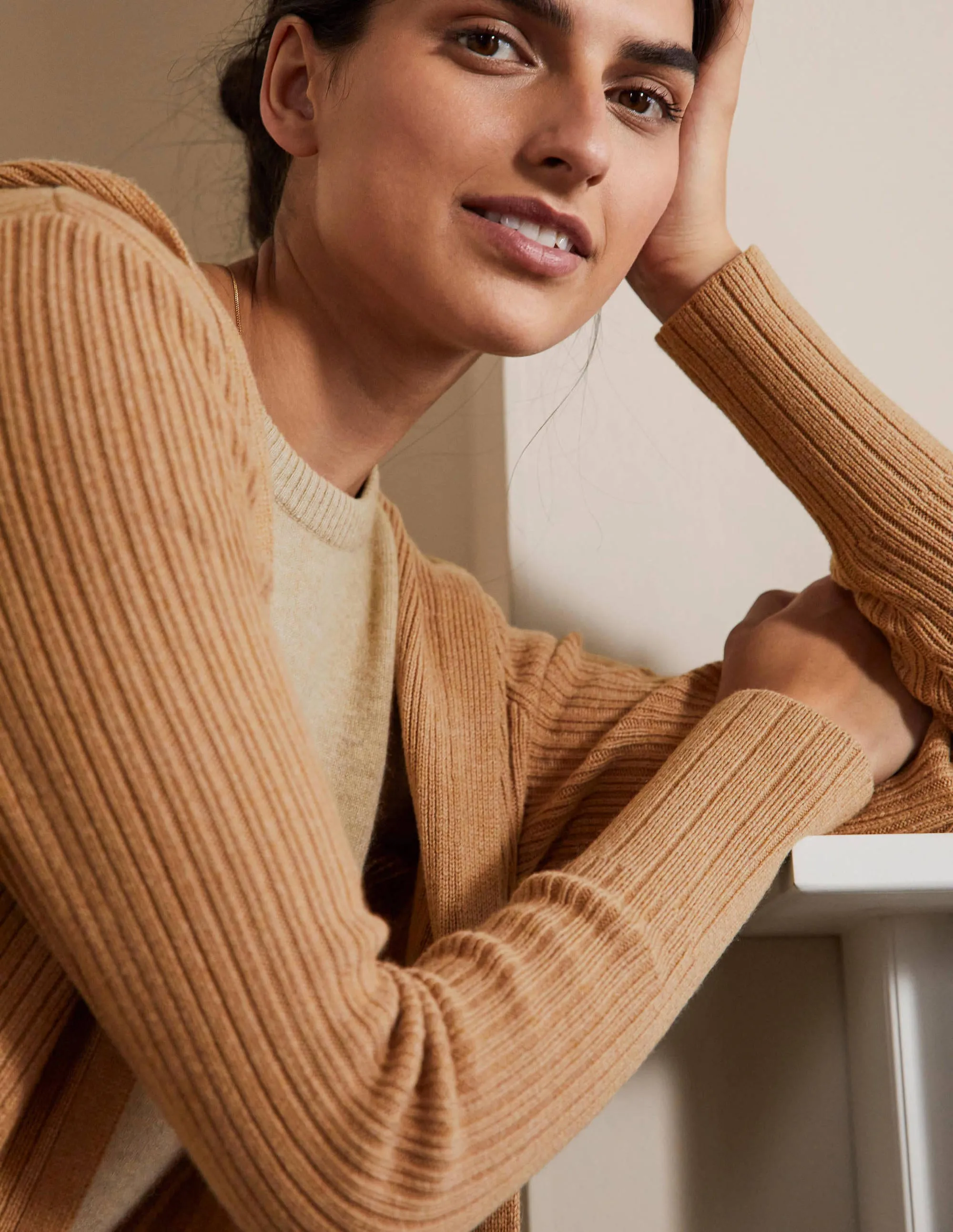 Hooded Relaxed Cardigan-Camel Melange