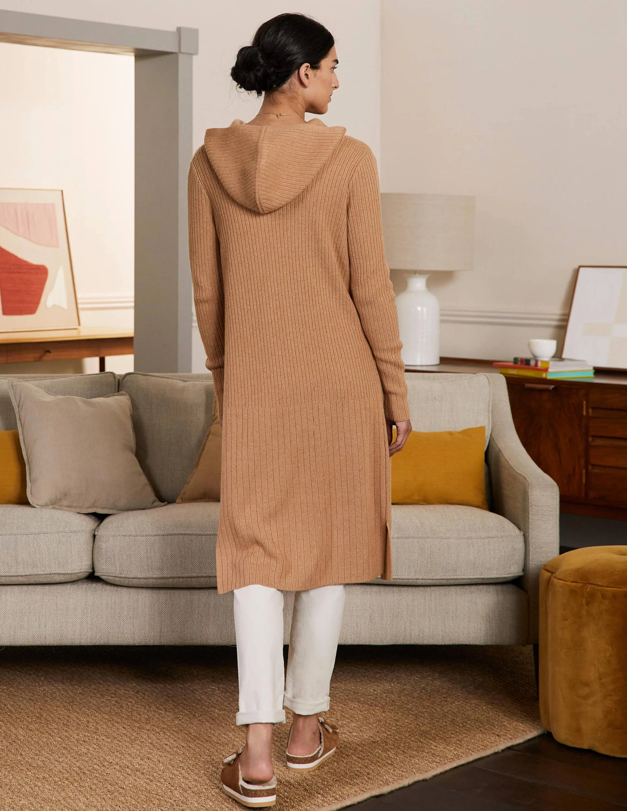 Hooded Relaxed Cardigan-Camel Melange