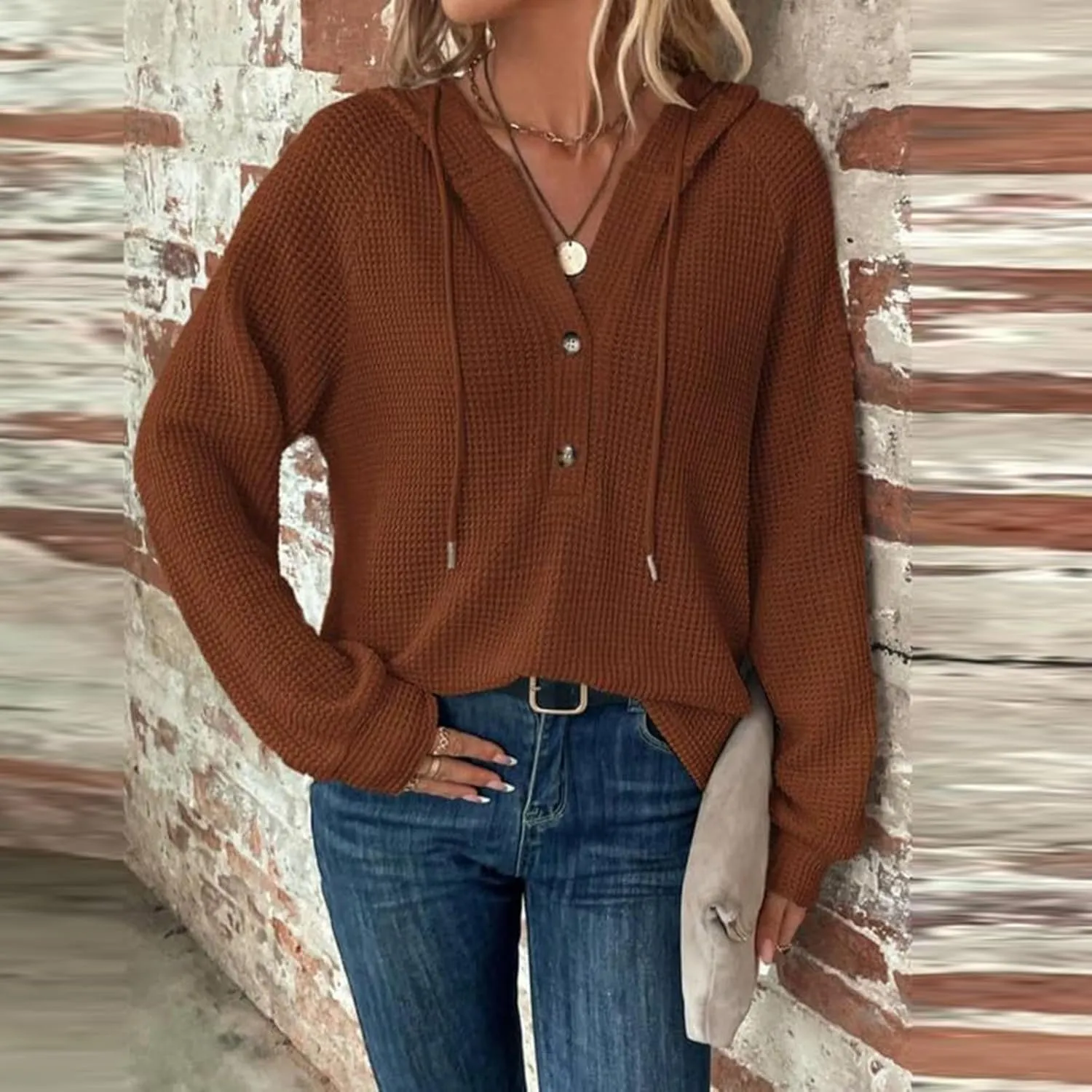 Hoodies for Women Waffle Knit Drawstring Button V Neck Long Sleeve Casual Pullover Sweatshirt Hooded Tops
