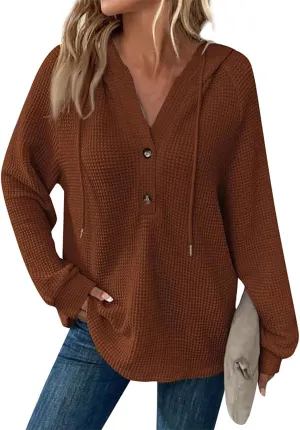 Hoodies for Women Waffle Knit Drawstring Button V Neck Long Sleeve Casual Pullover Sweatshirt Hooded Tops