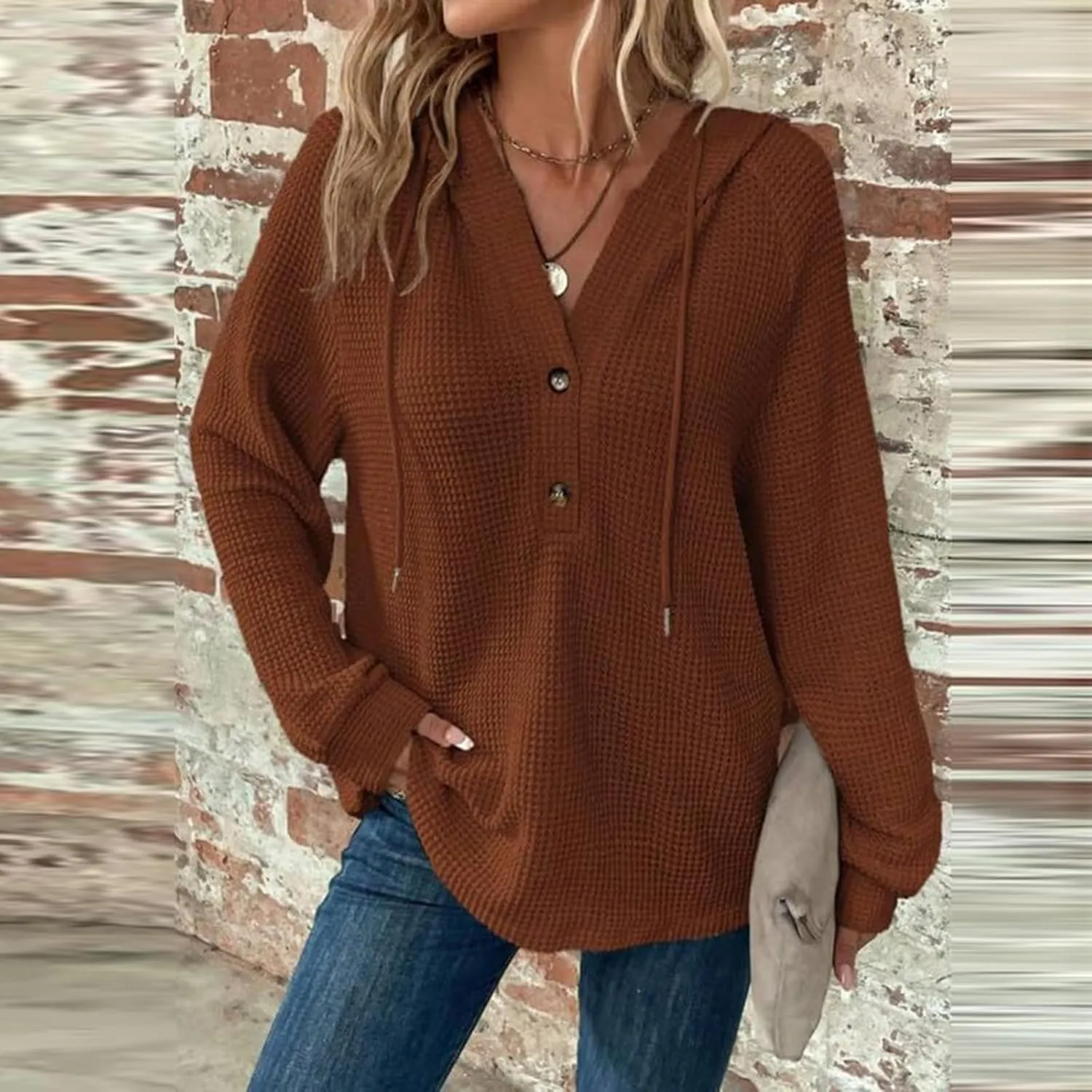 Hoodies for Women Waffle Knit Drawstring Button V Neck Long Sleeve Casual Pullover Sweatshirt Hooded Tops