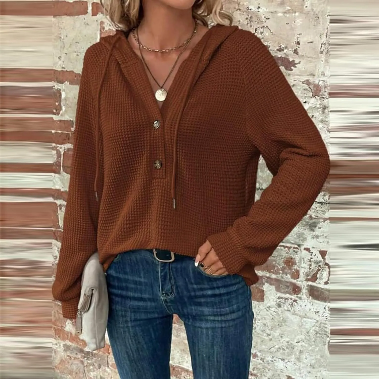 Hoodies for Women Waffle Knit Drawstring Button V Neck Long Sleeve Casual Pullover Sweatshirt Hooded Tops