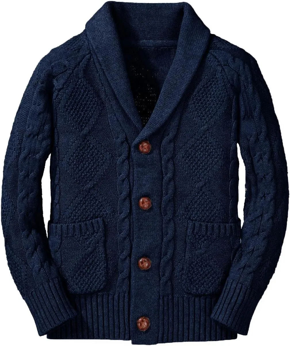 Inorin Boy's Sweater Cardigan Button Down Shawl Collar Cable Knitted Outwear Sweater Coats with Pockets Deep Navy Blue