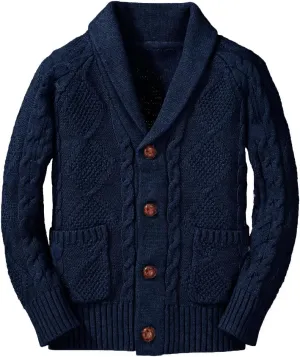 Inorin Boy's Sweater Cardigan Button Down Shawl Collar Cable Knitted Outwear Sweater Coats with Pockets Deep Navy Blue