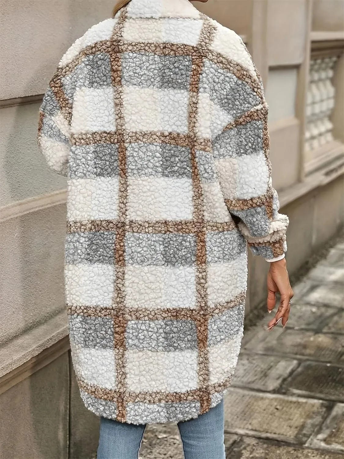 IVERIRMIN Women's Button Down Plaid Fuzzy Jacket Long Sleeve Notch Lapel Oversized Trench Coat Warm Winter Outwear
