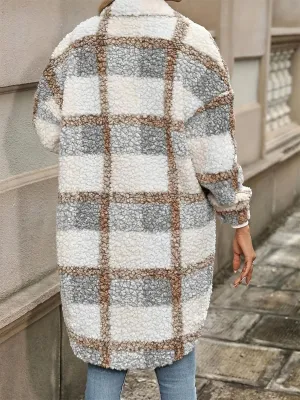 IVERIRMIN Women's Button Down Plaid Fuzzy Jacket Long Sleeve Notch Lapel Oversized Trench Coat Warm Winter Outwear